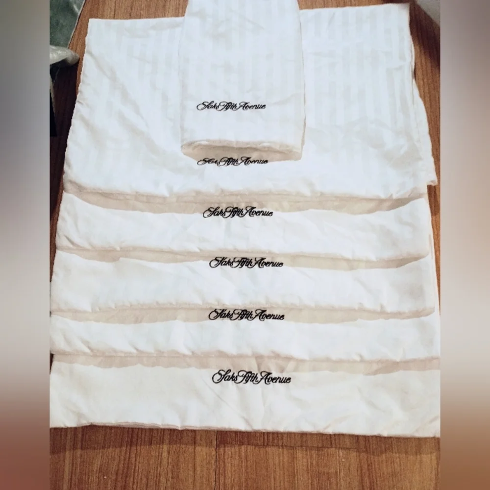 Saks Fifth Avenue Luxury Embroidered  White Stripe Pillowcases  Set of Six